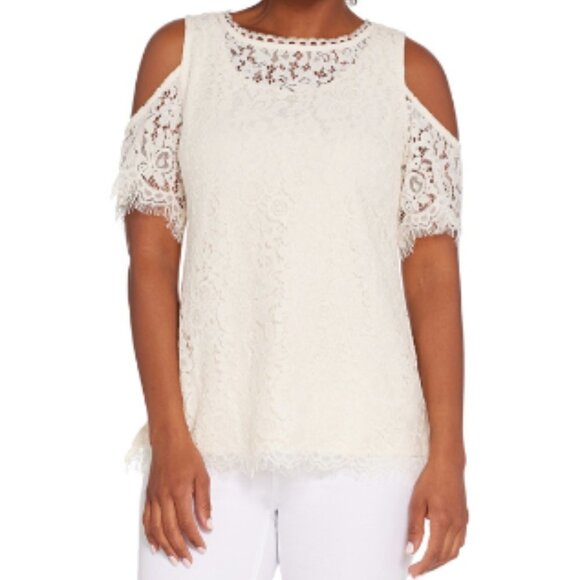 Isaac Mizrahi Live! Cream Short Sleeve Cold Shoulder Floral Lace Lined Top M - Picture 1 of 16